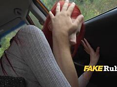 redhead british babe with shaved pussy craved a license. she got down and dirty in a car for it.
