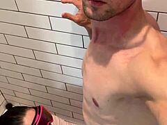 Dickflash in bathroom turns wild with rough cumshot on her face in part 2