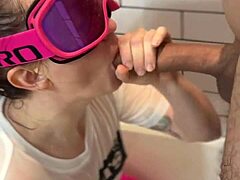 Dickflash in bathroom turns wild with rough cumshot on her face in part 2