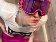 Dickflash in bathroom turns wild with rough cumshot on her face in part 2