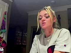 Sassy blonde rubs cock and fingers shaved pussy in wild casting!