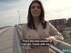 Public agent finds sexy brunette flashing tits and ass before sucking and fucking.