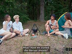 Two Girls and One Guy in Rimjob Cleanup Session Outdoors