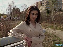 Public agent finds sexy brunette flashing tits and ass before sucking and fucking.