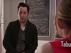 Tiny Cheerleader Fulfills Teacher's Fantasy in Classroom. Dreams Turn Real Over Desk With Young Student.
