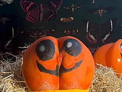 teen gets double creampie in pumpkin patch while bent over doggystyle