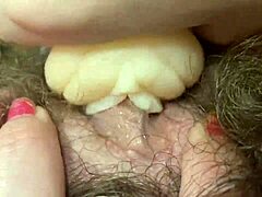 Hardcore fetish solo with hairy vagina and big clit pounding.
