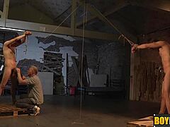 Sebastian ties up big balls and uncut shaft for kinky play.