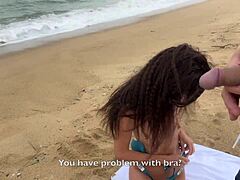 Babe flashes cock in public and begs for cum on tits at beach.
