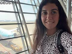 crazy cumwalk at busy airport with risky public blowjob daringly done.