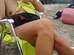 Nippleringlover Kinky Mother Flashing Pierced Pussy at Public Beach, Wow!
