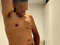 He's home alone, fully naked, jerking off hard.