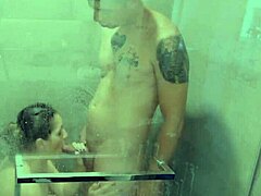 Perfect tits brunette babe gives sloppy blowjob with cumshot facial and swallows every drop