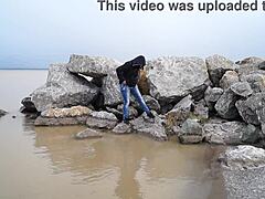 Milf Pissing Outdoors in Sea with Hairy Pussy Fetish