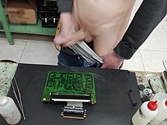 I shoot a huge cumshot on a client’s machine instead of repairing it.