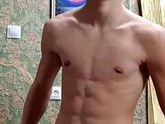 Flex skinny boy showing off after study