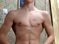 Flex skinny boy showing off after study