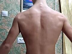 Flex skinny boy showing off after study