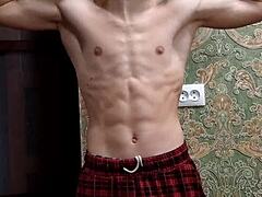 Flex skinny boy showing off after study