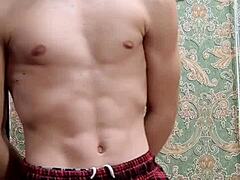 Flex skinny boy showing off after study