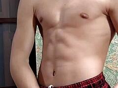 Flex skinny boy showing off after study