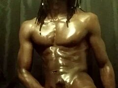 Big Black Cock Stroked with Tons of Slick Oil