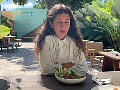 Damn! Girl Eats Lunch with Cum on Face in Public Cafe!