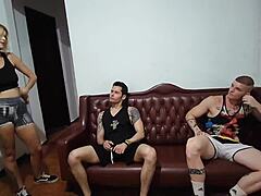 Damn! Two buddies drilled the blonde nymph bareback before gym with double penetration!
