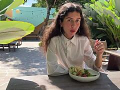 Damn! Girl Eats Lunch with Cum on Face in Public Cafe!