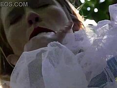 Blonde Climbs Tree for Outdoor Solo Masturbation in Tight Dress