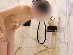 Bathing Ritual of Cute Black-Haired Japanese Girl in Shower