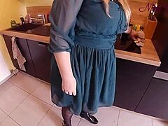 Generous Blonde Pulls Panties Aside for Kitchen Fucking Session