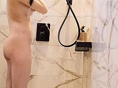 Bathing Ritual of Cute Black-Haired Japanese Girl in Shower
