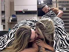 Me and my stepsister licking wet until stepbrother joins to pound my pussy and her ass under covers till he cums inside!