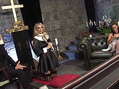 dude, check these hot blonde n brunette chicks starting a wild church orgy! 🔥