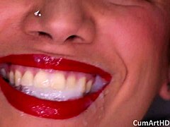 Cum Splashes on Her Smiling Brunette Face in Close-Up POV