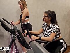Hey, lesbians heat up at the gym and sneak to bathroom for a wild fuck