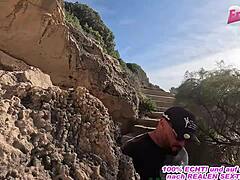 Hey, watch this skinny German blonde milf bang outdoors in sneakers