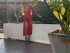 Horny Ladyboy with Big Cock in Red Outfit Bangs Client Candy