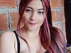 college babe plays with her juicy tits at home