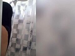 cute latina teen showering with wet body and sensual tattoo in steamy bathroom