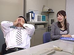 Unbelievable! Japanese office girl sucks co-worker off. He finishes in her mouth at work!