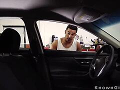 Yo, ebony spinner takes big cock in car shop