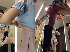 hidden camera captures upskirt view in dressing room of a juicy blonde pussy.