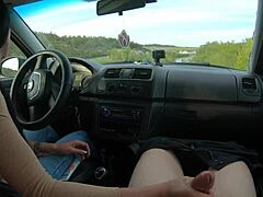 Brunette Teen Slut Gives Handjob on Public Road