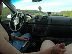 Brunette Teen Slut Gives Handjob on Public Road