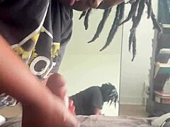 seeing double with ebony babes delivering sloppy deepthroat on big black cocks in a messy mirror scene