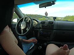 Brunette Teen Slut Gives Handjob on Public Road