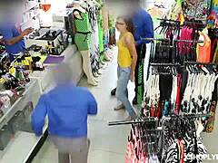 Shoplifter Ashley Lane gets caught and bent over for rough pounding. She takes it hard doggystyle!