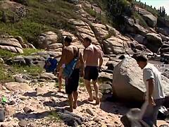 These three random guys slammed a blonde bitch hard on the beach, wow!